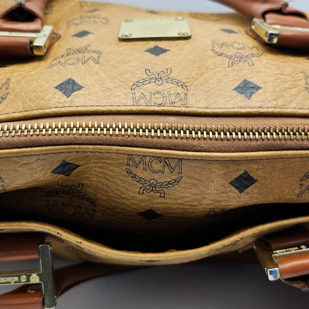 MCM Cognac Brown Monogram Satchel with Gold Hardware